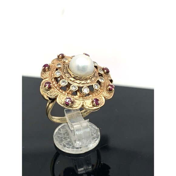 Pearl Ruby Diamond Women's Cocktail Ring 14k Yellow Gold Vintage Estate Size 5.5 - Picture 10 of 14